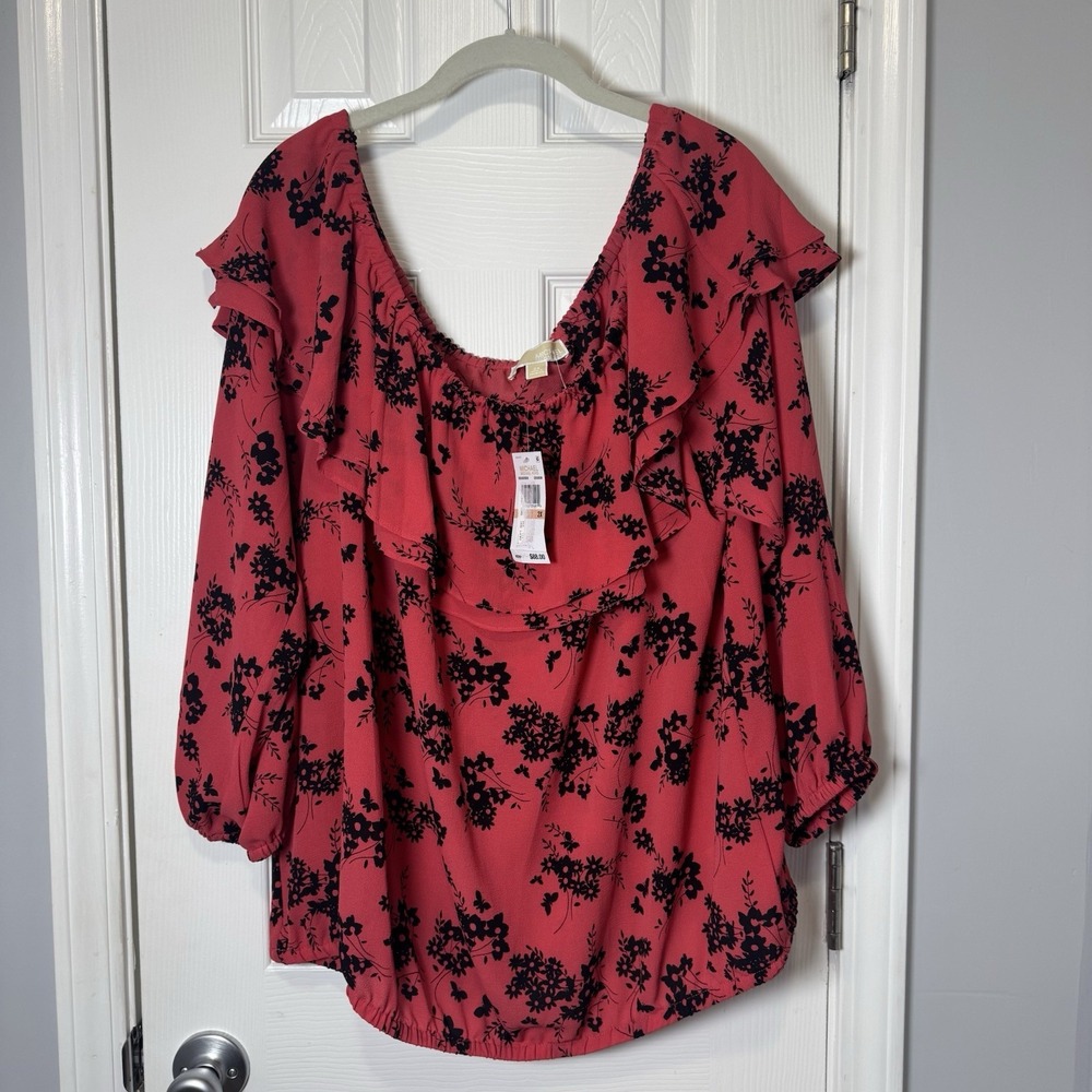 Michael Kors Women's Size 2X Floral Geranium Ruffled Off-The-Shoulder Top NWT